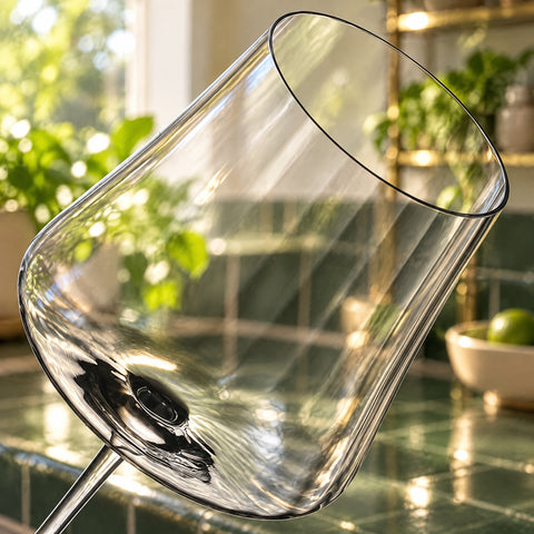 Gros plan sur le calice du verre à vin Partition, côtes verticales et buvant très fin, devant un carrelage vert flou