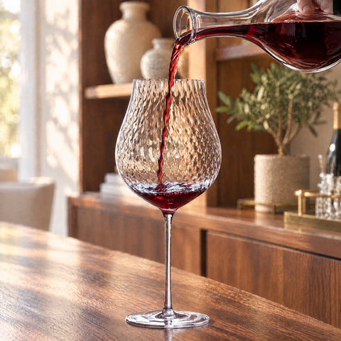 Vin rouge versé d'une carafe en cristal dans le verre à vin tulipe Hélice au calice torsadé, sur un comptoir en bois