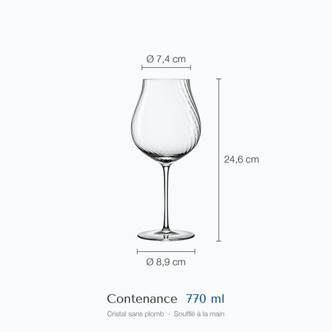 Cotes du verre à vin tulipe Hélice : hauteur 24,6 cm, diamètre du haut 7,4 cm, de la base 8,9 cm, contenance 77 cl