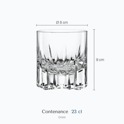 Dimensions : Verre à Whisky Luxe (hauteur 9 cm, diamètre 8 cm, contenance 23 cl)