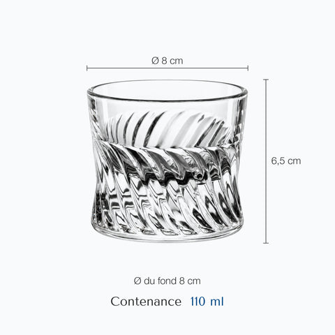 Dimensions : Verre à Whisky 10 cl (hauteur 6,5 cm, diamètre 8 cm, contenance 110 ml)