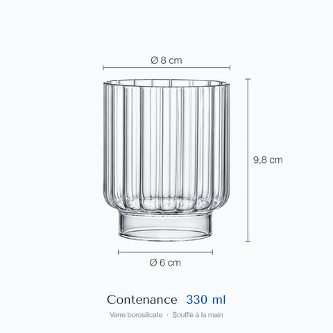 Verre à whisky Ionique coté sur fond blanc : hauteur 9,8 cm, diamètre du haut 8 cm, de la base 6 cm, contenance 33 cl