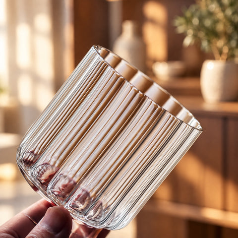 Gros plan sur la paroi cannelée et le buvant du verre à whisky Ionique soutenu par deux doigts, fond flou d'un bar en noyer