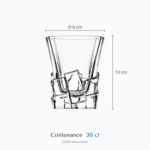 Dimensions : Verre à Whisky Carré (hauteur 10 cm, diamètre 9 cm, contenance 30 cl)