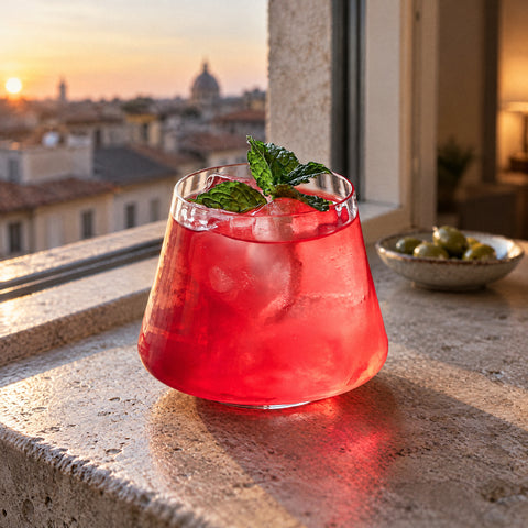 Cocktail rouge, glaçons et brin de menthe dans le verre à whisky Corset sur un rebord de fenêtre en pierre face aux toits