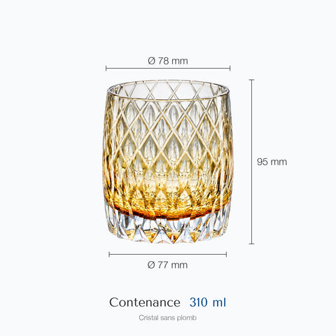 Dimensions : Verre à Whisky Décoré (hauteur 95 mm, diamètre 78 mm, contenance 310 ml)