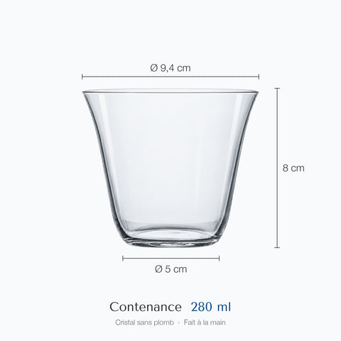 Verre à whisky évasé Estuaire : hauteur 8 cm, diamètre 9,4 cm en haut et 5 cm à la base, contenance 28 cl