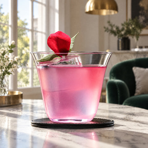 Verre à whisky évasé Estuaire, cocktail rose sur glaçon et pétale de rose, sous-verre en cuir, table en marbre blanc