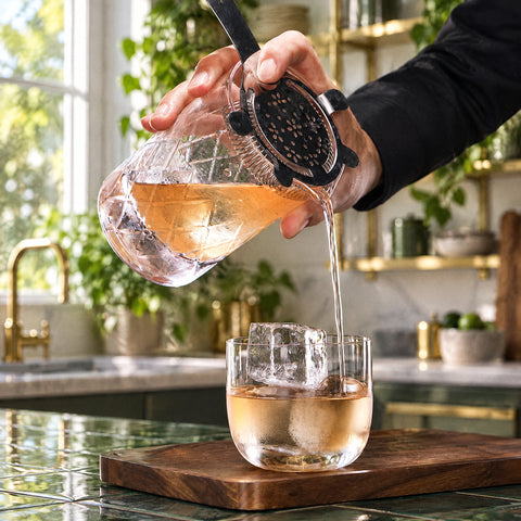 Main versant un filet ambré à la passoire hawthorne dans le verre à whisky Largo, planche en noyer sur comptoir carrelé vert