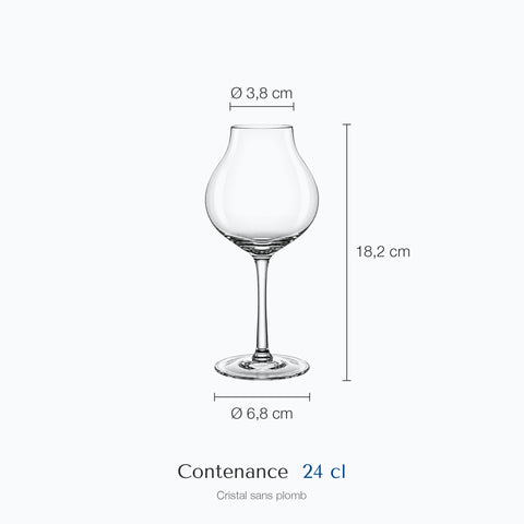 Dimensions : Verre à Whisky Forme Tulipe (hauteur 18,2 cm, diamètre 3,8 cm, contenance 24 cl)
