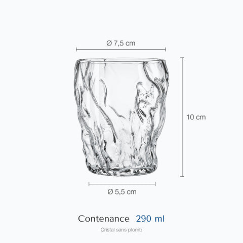 Dimensions : Verre à Whisky Givré (hauteur 10 cm, diamètre 7,5 cm, contenance 290 ml)