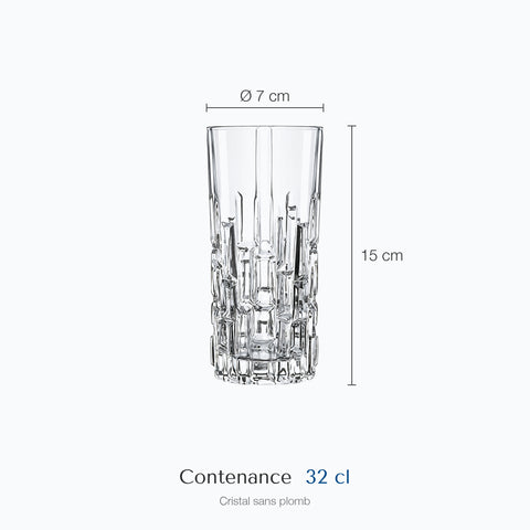 Dimensions : Verre à Whisky Long (hauteur 15 cm, diamètre 7 cm, contenance 32 cl)