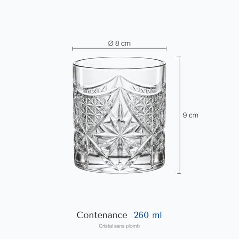 Dimensions : Verre à Whisky Parrain (hauteur 9 cm, diamètre 8 cm, contenance 260 ml)