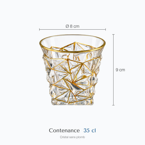 Dimensions : Verre à Whisky Prisme Doré · Électrum (hauteur 9 cm, diamètre 8 cm, contenance 35 cl)