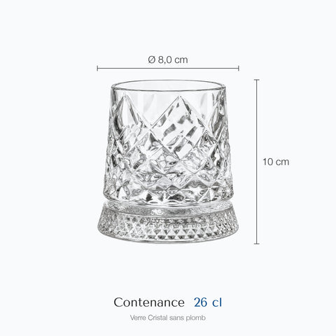 Dimensions : Verre à Whisky Socle en Verre Damier · Perron (hauteur 10 cm, diamètre 8,0 cm, contenance 26 cl)