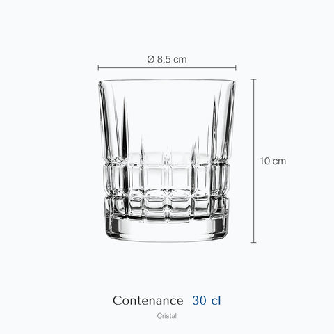 Dimensions : Verre à Whisky Taillé (hauteur 10 cm, diamètre 8,5 cm, contenance 30 cl)