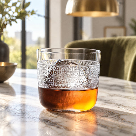 Verre à whisky Constellation rempli au tiers d'un liquide ambré avec une sphère de glace, fauteuil en velours flou