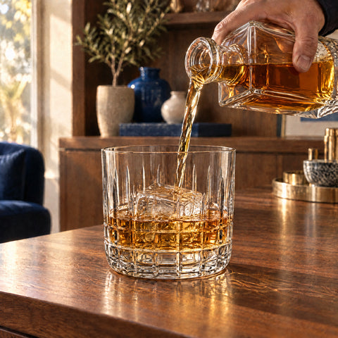 Main versant d'une carafe en cristal un spiritueux ambré sur un gros glaçon dans le verre à whisky Claustra posé au comptoir