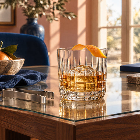 Verre à whisky Claustra rempli de spiritueux ambré sur un glaçon, zeste d'orange sur le buvant, pince à glace en acier