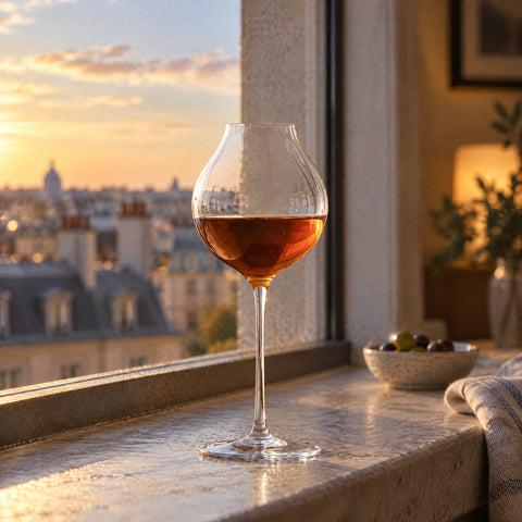 Verre ballon digestif Alcôve rempli de whisky ambré sur tapis de bar noir, assiette d'olives et toits de la ville au fond
