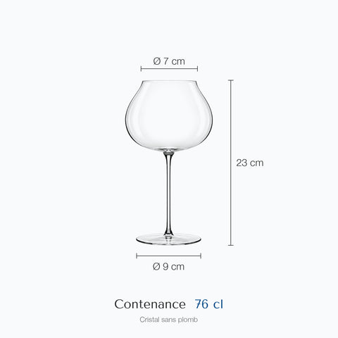 Dimensions : Verre à Vin Ballon (hauteur 23 cm, diamètre 7 cm, contenance 76 cl)