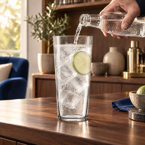 Main versant du tonic dans le verre café glacé Carène avec gin, glaçons et citron vert, meuble bar en noyer au salon