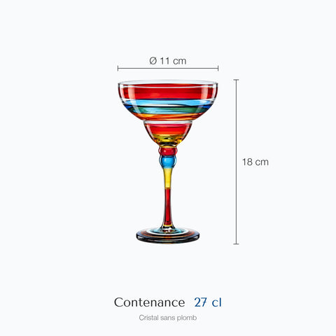 Dimensions : Verre Cocktail Couleur (hauteur 18 cm, diamètre 11 cm, contenance 27 cl)
