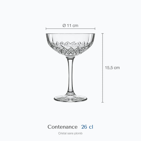 Dimensions : Verre Cocktail Péristyle (hauteur 15,5 cm, diamètre 11 cm, contenance 26 cl)