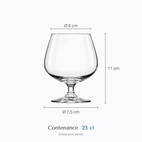 Dimensions : Verre Cognac Cristal (hauteur 11 cm, diamètre 7,5 cm, contenance 23 cl)
