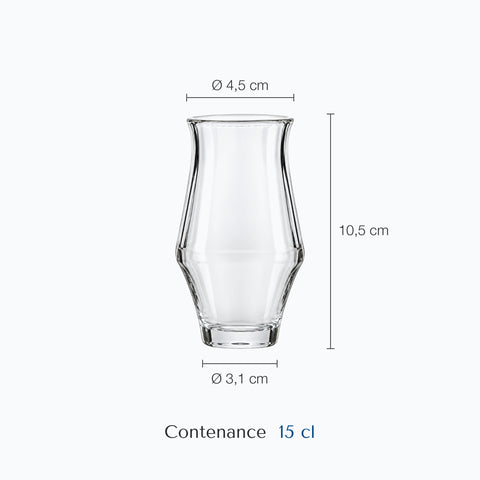 Dimensions : Verre à Cognac Sans Pied (hauteur 10,5 cm, diamètre 4,5 cm, contenance 15 cl)