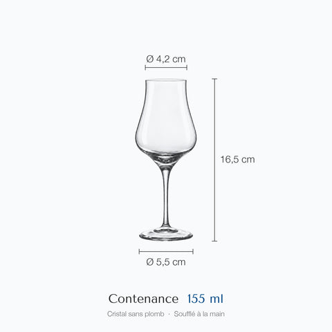 Verre de dégustation Chapiteau sur fond blanc : hauteur 16,5 cm, ouverture 4,2 cm, base 5,5 cm, contenance 15,5 cl