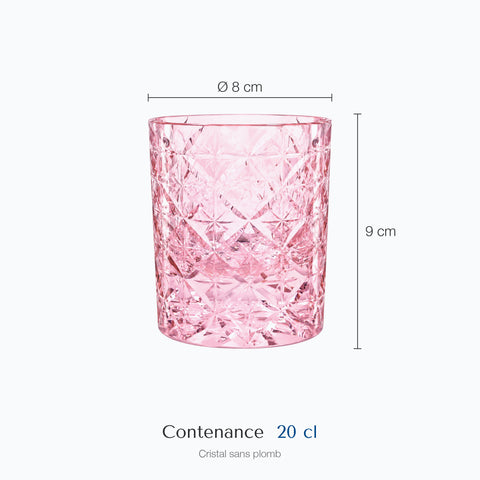 Dimensions : Verre Cristal Coloré Diamant (hauteur 9 cm, diamètre 8 cm, contenance 20 cl)