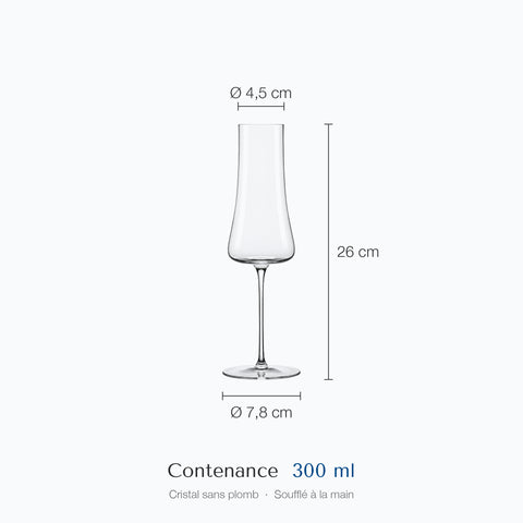 Flûte à champagne Bleuet : hauteur 26 cm, diamètre du haut 4,5 cm, de la base 7,8 cm, contenance 30 cl