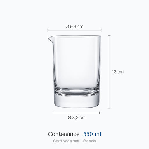 Verre de mixologie Remous avec cotes : 13 cm de haut, 9,8 cm de diamètre au bord, 8,2 cm à la base, contenance 55 cl