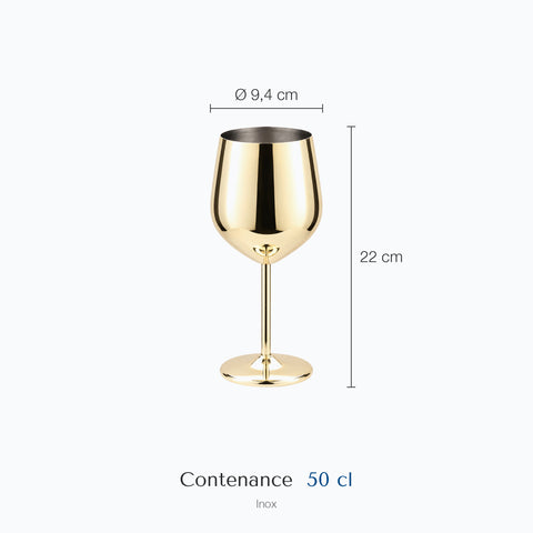 Dimensions : Verre à Vin Doré (hauteur 22 cm, diamètre 9,4 cm, contenance 50 cl)