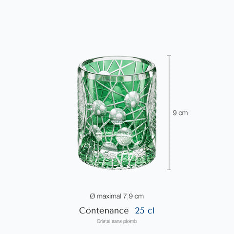 Dimensions : Verre Edo Kiriko Atomique · Matcha (hauteur 9 cm, diamètre 7,9 cm, contenance 25 cl)