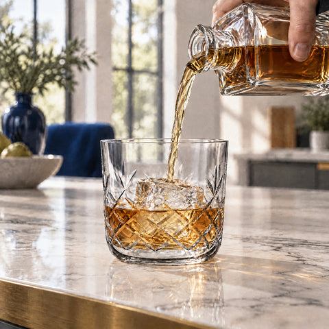 Barman versant d'une carafe en cristal un spiritueux ambré sur un gros glaçon dans le verre à whisky Chevron, au comptoir
