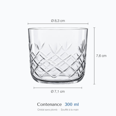 Verre à whisky Chevron coté sur fond blanc : hauteur 7,6 cm, ouverture 8,3 cm, base 7,1 cm, contenance 30 cl