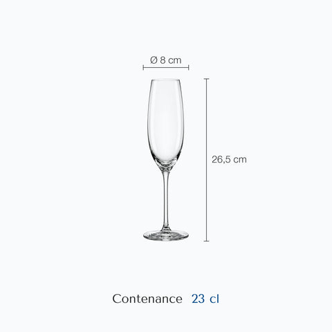 Dimensions : Verre Champagne Flûte (hauteur 26,5 cm, diamètre 8 cm, contenance 23 cl)