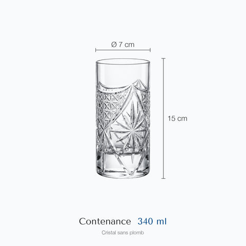 Dimensions : Verre Highball Whisky (hauteur 15 cm, diamètre 7 cm, contenance 340 ml)