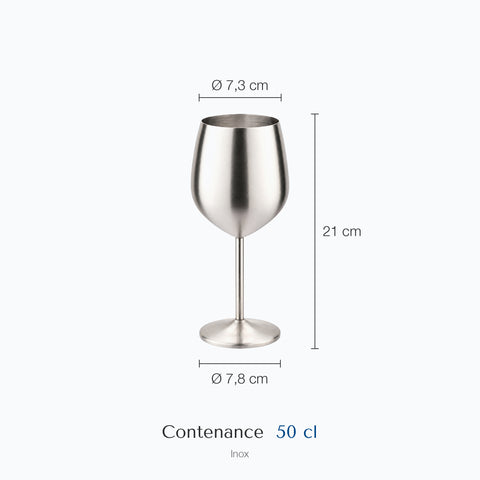 Dimensions : Verre à Vin en Inox (hauteur 21 cm, diamètre 7,3 cm, contenance 50 cl)