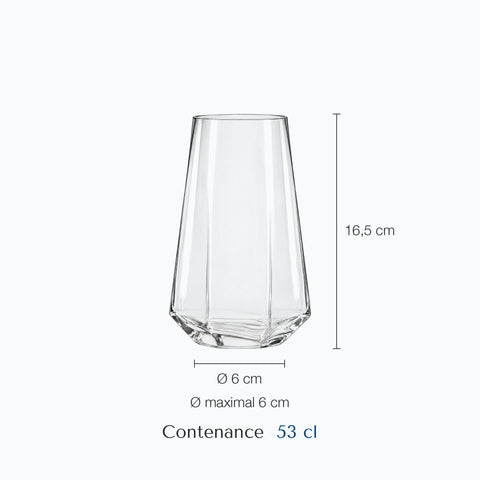 Dimensions : Verre Long Drink (hauteur 16,5 cm, diamètre 6 cm, contenance 53 cl)