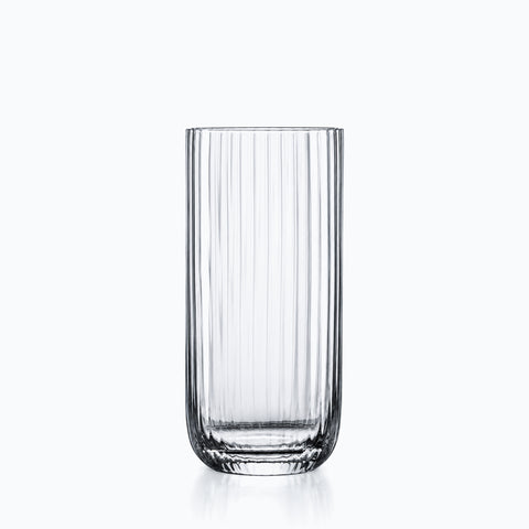 Verre long drink cannelé en cristal transparent, cylindre à fines cannelures verticales, base arrondie
