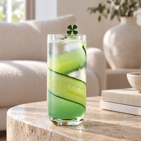 Verre long drink Ancre garni d'un cocktail vert au ruban de concombre et de glaçons, pique en trèfle, canapé crème flou