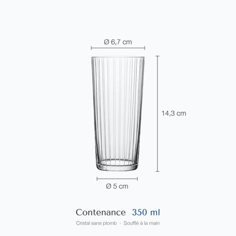 Cotes du verre long drink Orgue : hauteur 14,3 cm, diamètre du haut 6,7 cm, diamètre de la base 5 cm, contenance 35 cl