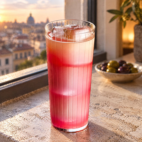 Verre long drink Orgue avec une boisson rose en dégradé et un gros glaçon, assiette d'olives et toits de la ville en fond