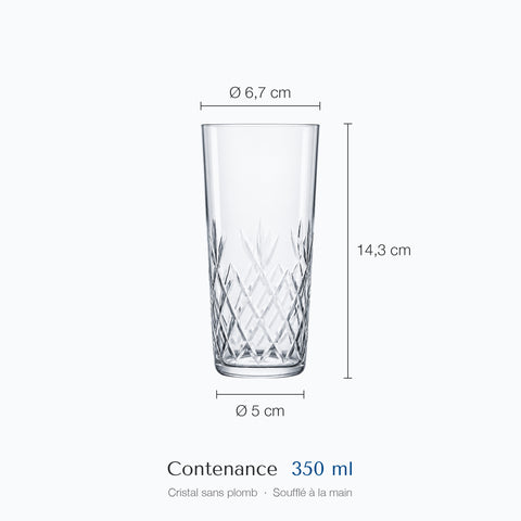 Dimensions du verre long drink Palmette : hauteur 14,3 cm, diamètre 6,7 cm en haut et 5 cm à la base, contenance 35 cl