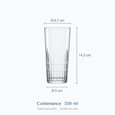 Cotes du verre long drink Épi : hauteur 14,3 cm, diamètre du haut 6,7 cm, diamètre de la base 5 cm, contenance 35 cl