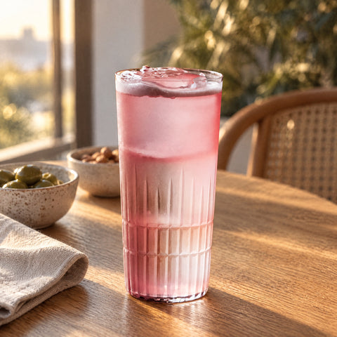 Verre long drink Épi avec un cocktail rose pâle glacé, table ronde en chêne dressée pour l'apéritif et serviettes en lin