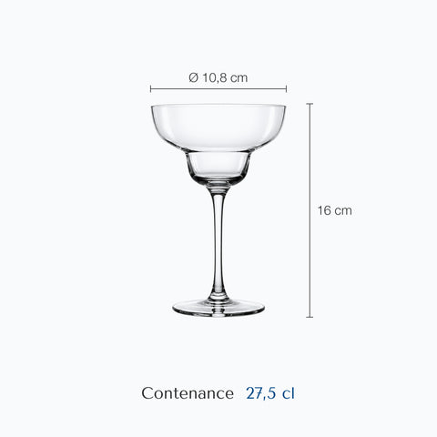 Dimensions : Verre Margarita (hauteur 16 cm, diamètre 10,8 cm, contenance 27,5 cl)